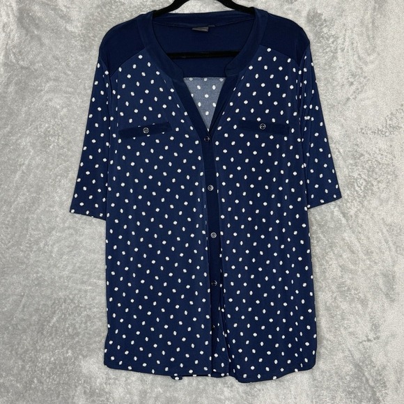 Elie Mccarthy Tops - Elie McCarthy 2X Top Shirt Navy Blue Polka Dot Button Up  V Neck Short Sleeve